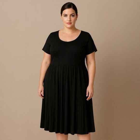 Babydoll Pleated Black Midi Dress Size 1X Plus Stretchy Minimalist Office Work - Picture 1 of 14